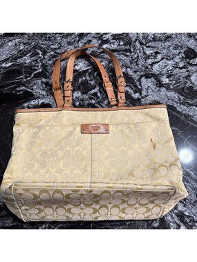 Coach Signature Hand Bag Purse Yellow & Brown Shoulder Bag Large Size